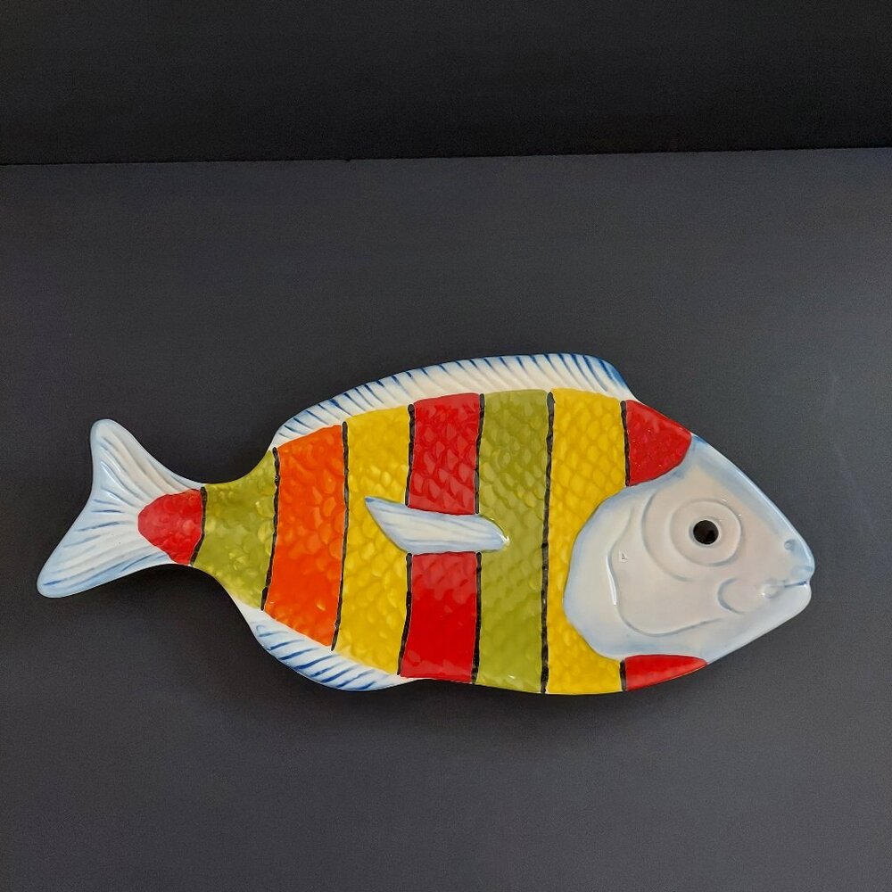 Vintage Nautical Pier 1 Imports Hand Painted Stoneware Fish Platter 14” Long